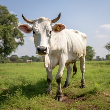 White cow standing in a lush green field looking at the camera