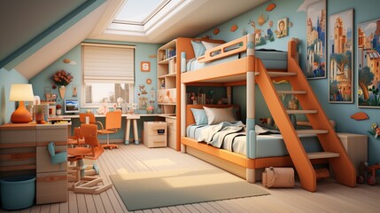 3D rendering of a cozy children's bedroom with a blue and orange theme