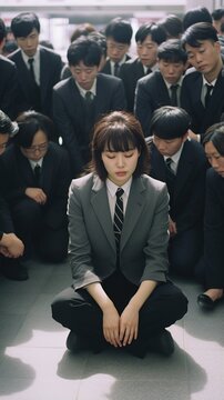 A young woman sits on the floor in a room full of men