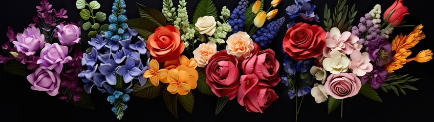 Colorful flowers make up bouquets.