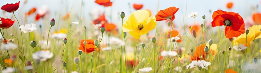 Detail of a spring field in full bloom with red poppies in selective focus among unfocused yellow and white flowers. Horizontal panoramic image with cloudy white sky.