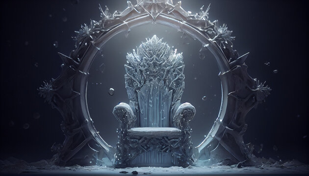 A throne made of ice with large snowflakes in the center and on the sides clean Background, Ai generated image.