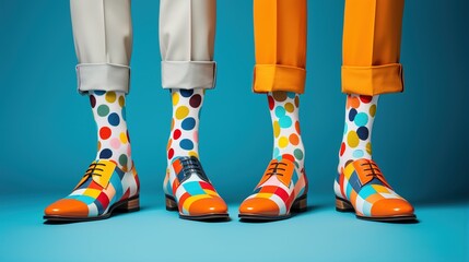 Three people wearing colorful socks and shoes