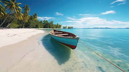 Wooden boat on a tropical beach with white sand and palm trees
