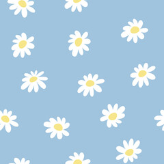 Scattered chamomile seamless pattern. Cute hand drawn isolated white flowers on baby blue pastel background. Sweet botanical floral allover print