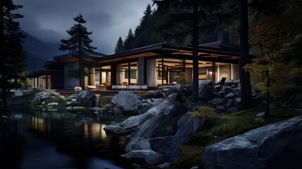 Modern lakeside house with stunning mountain views