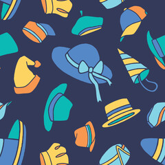 Obraz premium Colorful Repeat Seamless Pattern Vector Hats and Caps illustration with Dark Background