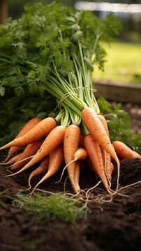Freshly harvested carrots on soil