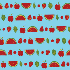 Vector Juicy Fresh Red Fruit Repeat Seamless Pattern with Blue Background