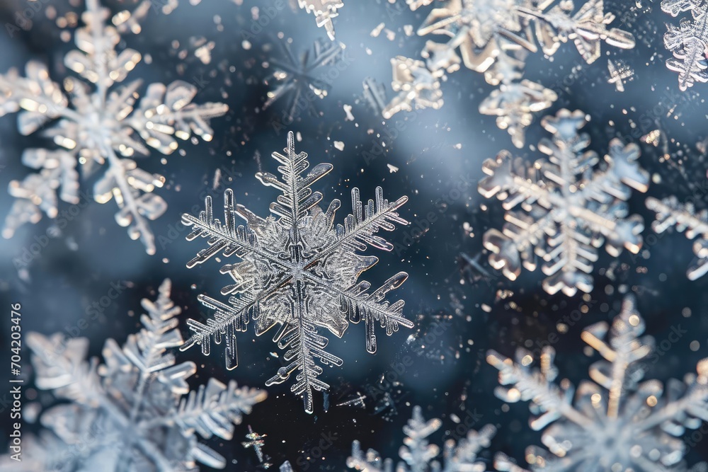 Poster textured pattern of snowflakes on a surface showing unique designs