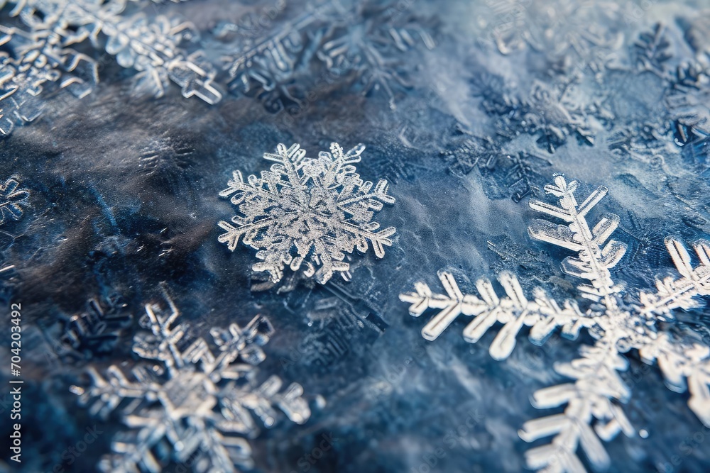 Poster textured pattern of snowflakes on a surface showing unique designs