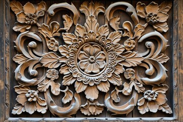Textured pattern of an elaborately carved wooden door