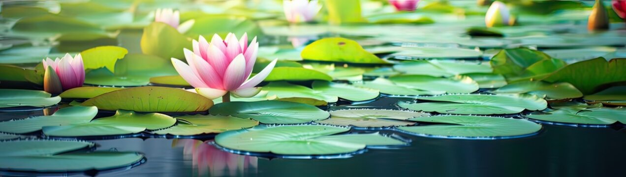 Panoramic of blooming Lotus flower on Green blurred background.Colorful water lily or lotus flower Attraction in the pond .