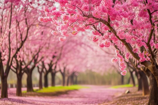 Blossoming cherry trees in spring with pink flowers