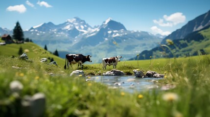 Two cows standing in a lush green field with mountains in the distance - obrazy, fototapety, plakaty