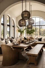 Fototapeta premium Elegant Mediterranean Dining Room With Panoramic Mountain Views