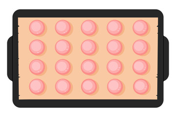 French macaroon. Cooking homemade sweet dessert on parchment. Pink macarons on baking sheet. Delicious cartoon macarons illustration on white background