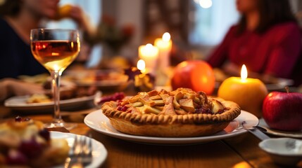 Obraz na płótnie Canvas Homemade Apple Pie on Festive Dinner Table