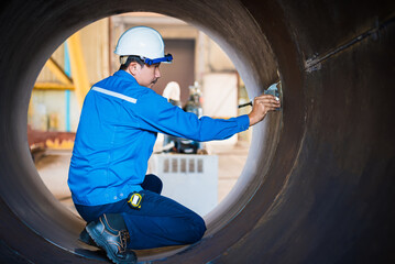 QC Technician inspector using welding gauge inspection butted weld on plate steel structure in...