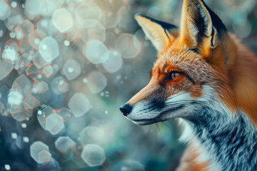 A fox captured in a polygonal geometric frame, photographed in a natural environment reminiscent 