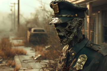 A detailed portrayal of an undead figure in police attire, embodying the classic zombie archetype in a post-apocalyptic scenario. - obrazy, fototapety, plakaty