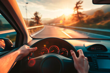 The hands of a car driver firmly gripping the steering wheel during a road trip, navigating through a highway landscape.