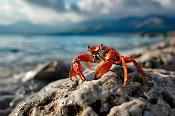 A red crab on a stone, set against a backdrop of the sea and mountains.





