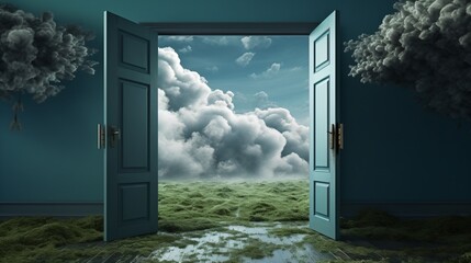 Surreal landscape with open door to another dimension