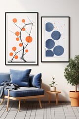 Blue and orange abstract art prints in black frames with a mid-century modern blue chair