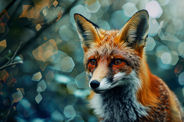 A fox captured in a polygonal geometric frame, photographed in a natural environment reminiscent 