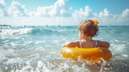 Little child girl in swimwear with swim ring playing in sea water at tropical beach on summer sunny day. Activity lifestyle concept. - obrazy, fototapety, plakaty