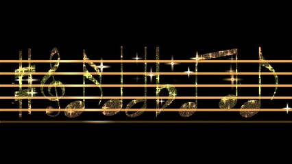 4K Music Note Animation for melody sound and orchestra concert. notes, clefs, and other musical staff symbols fly in colorful light rays for the intro, concert, titles, credits, show, portfolio, scree