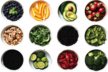 Healthy food selection in porcelain bowls