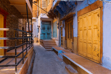 Historic homes at Blue city of Jodhpur in Rajasthan, India.