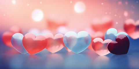 Close up red blue and pink heart shaped candies. Blurred background with hearts. Happy Valentine's day background for poster, card, postcard, banner