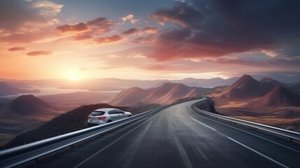 Car on a mountain road at sunset