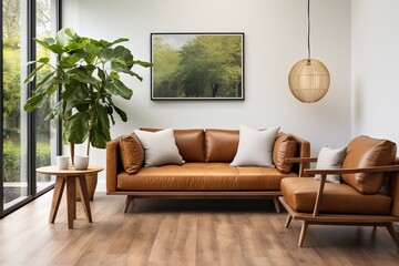 brown leather furniture in a living room with a large plant