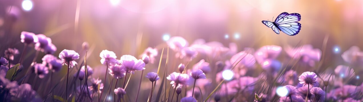 Purple butterfly flies over small wild white flowers in grass in rays of sunlight. Spring summer fresh artistic image of beauty morning nature. Selective soft focus.