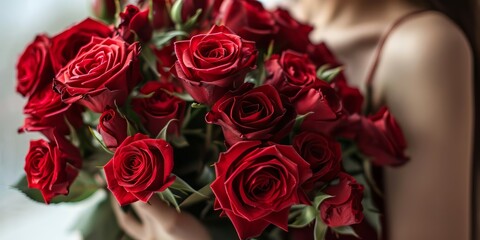 Beautiful bouquet of red roses in woman's hands, closeup
