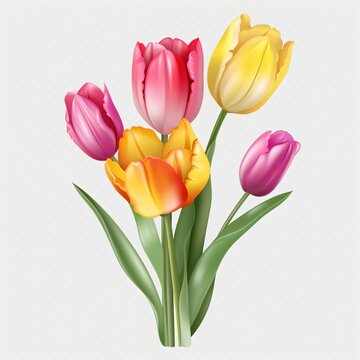 Five tulips of different colors