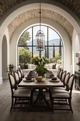 Elegant dining room with large arched window