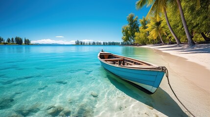 Naklejka na ściany i meble Wooden boat on a tropical beach with palm trees