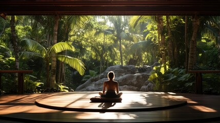 woman meditating in a yoga studio with a jungle view