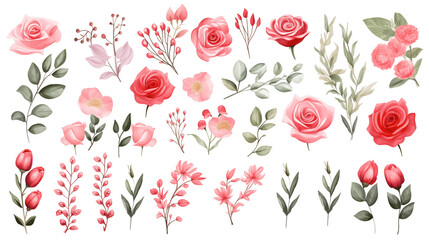 Watercolor elements are pink, red roses, and flowers on a white background