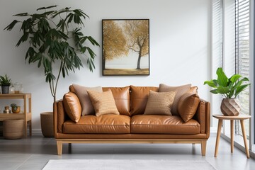 brown leather sofa in living room with plants