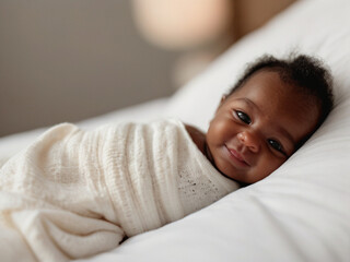 Peaceful Newborn Bliss A Serene black Baby's Smile Captured on a White Bed, Symbolizing Health and Happiness