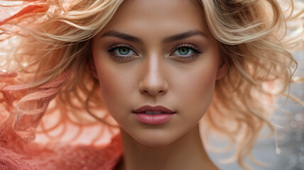 Fototapeta premium Beautiful Woman with Flowing Blonde Hair and a Pink Vibe Generative AI