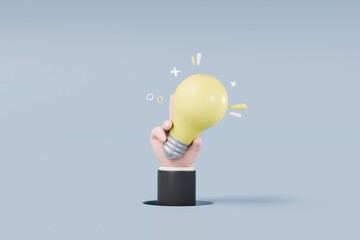 3D Hand of businessman holding light bulb icon. Business idea and strategy concept. Business creative idea concept. Minimal Cartoon icon design isolated on blue background. 3D Rendering copy space.