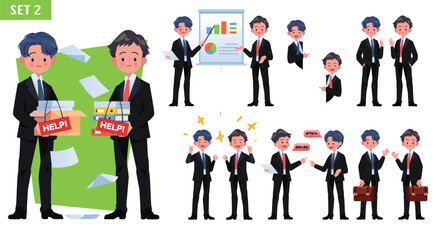 Vector set of two businessman characters gestures and actions Professional office workers stand, run, work, jump, search, etc.