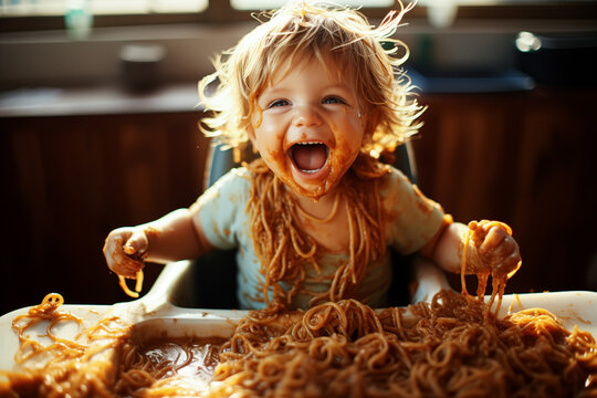 Kid girl eating spaghetti bolognese at home. Cute child eating fresh healthy meal with noodles. Generative Ai.
